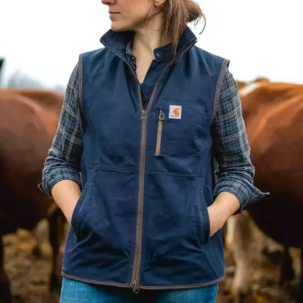 Women's Carhartt Vintage Western Cowboy Contrast Zipper Pockets Stand Collar Vest - Wayrates.com 