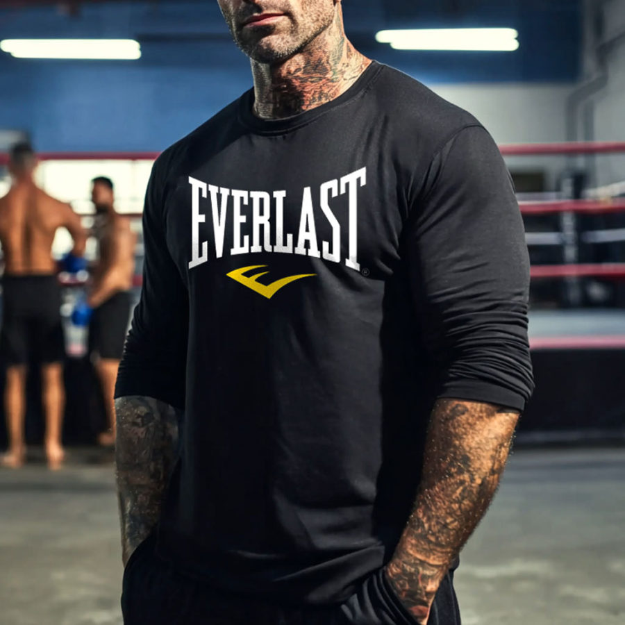 

Men's Vintage Black Boxing Fitness Print Round Neck Muscle Long Sleeve T-Shirt
