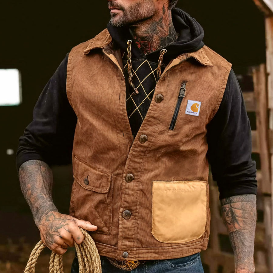 

Carhartt Men's Vintage Western Cowboy Corduroy Zipper Contrast Pocket Brown Lapel Vest