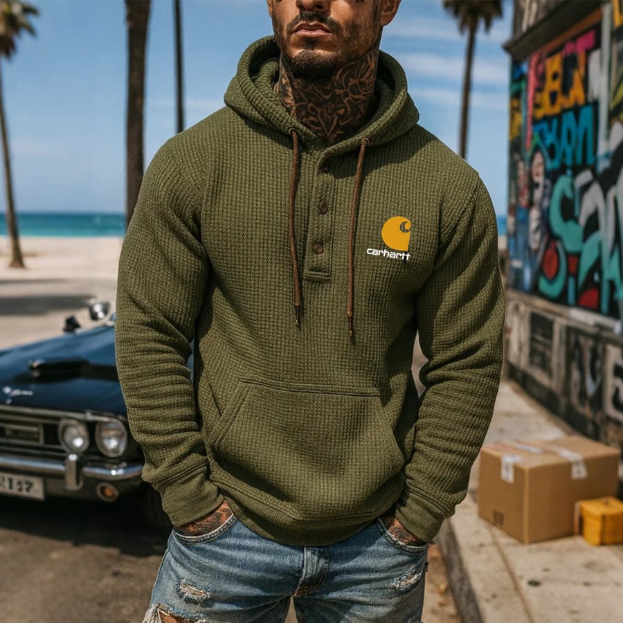 

Men's Vintage Military Green Waffle Hooded Henley Sweatshirt