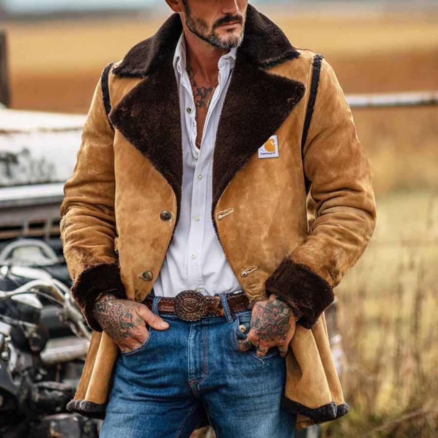

Men's Vintage Western Cowboy Khaki Suede Fleece Lapel Mid-Length Shearling Jacket