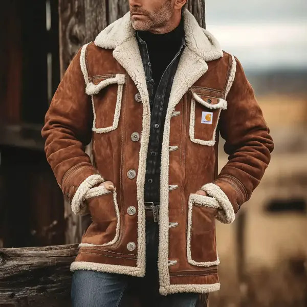 Men's Vintage Western Cowboy Brown Multi-Pocket Lapel Mid-Length Shearling Jacket - Wayrates.com 