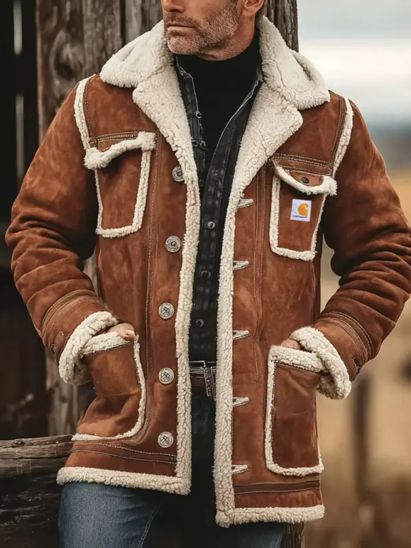 Carhartt Men's Vintage Western Cowboy Brown Lapel Mid-Length Shearling Jacket - Pragmaace.com 