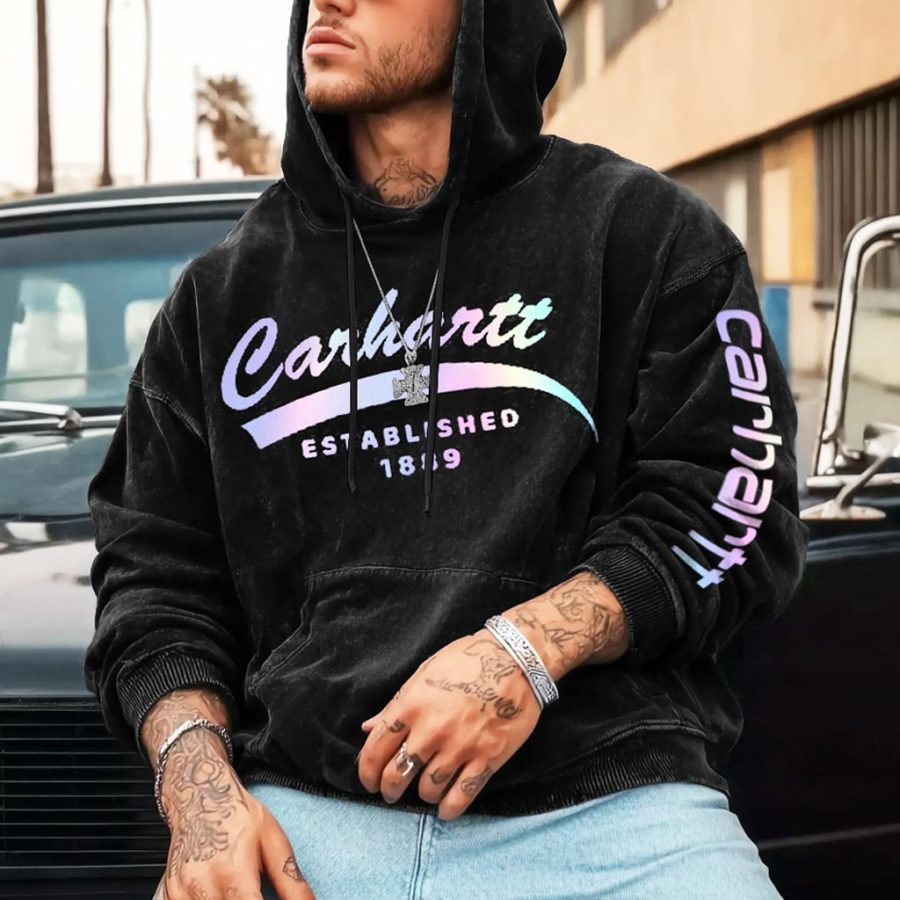 

Men's Vintage Reflective Laser 1889 Print Pocket Loose Black Long Sleeve Hoodie