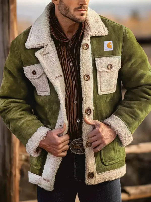 Men's Vintage Western Cowboy Olive Green Multi-Pocket Lapel Shearling Jacket - Pragmaace.com 