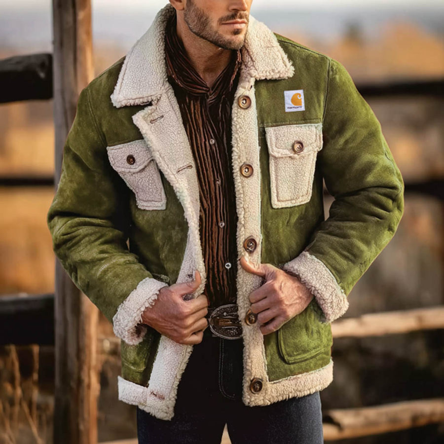 

Men's Vintage Western Cowboy Olive Green Multi-Pocket Lapel Shearling Jacket