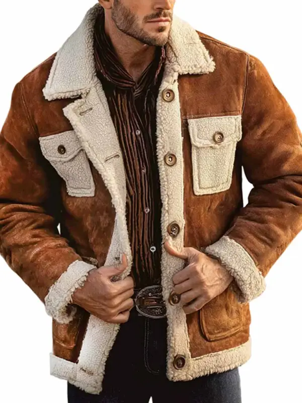 Men's Vintage Western Cowboy Brown Multi-Pocket Lapel Shearling Jacket - Menbarn.com 