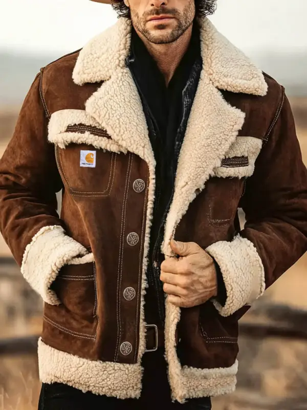 Men's Vintage Western Cowboy Dark Brown Pocket Lapel Shearling Jacket - Pragmaace.com 