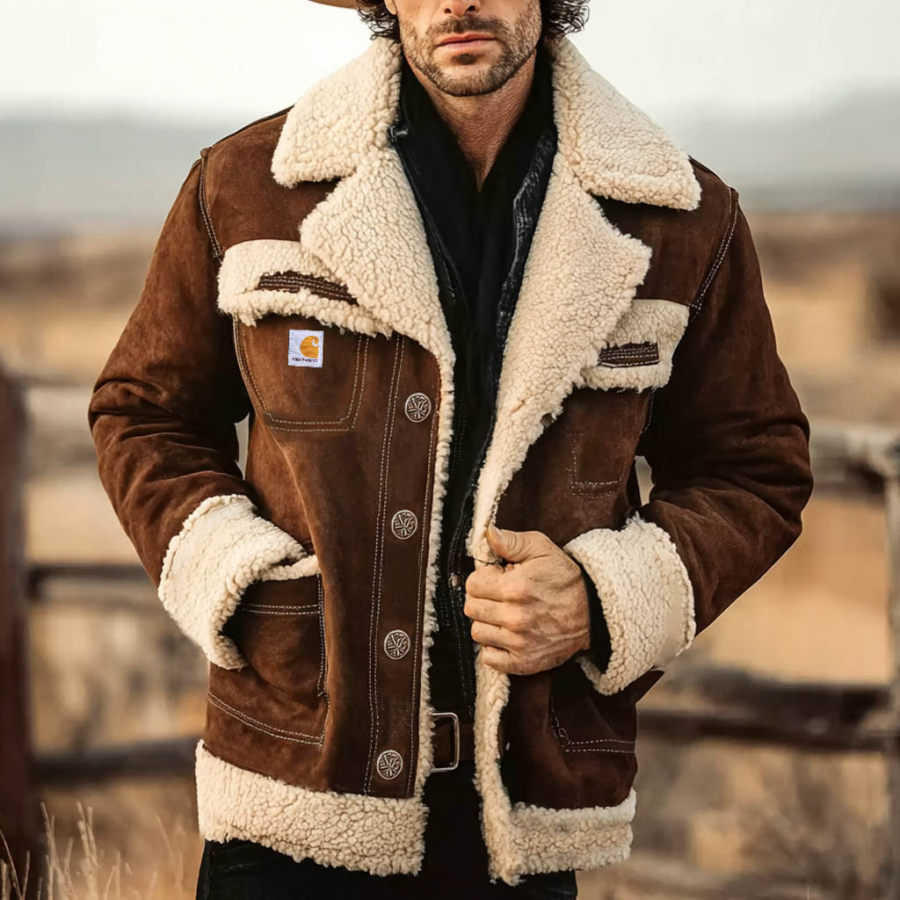 

Men's Vintage Western Cowboy Dark Brown Pocket Lapel Shearling Jacket