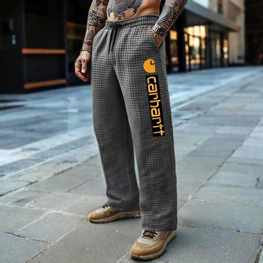 

Men's Vintage Dark Gray Plaid Quilted Waffle Elastic Drawstring Pants Trousers