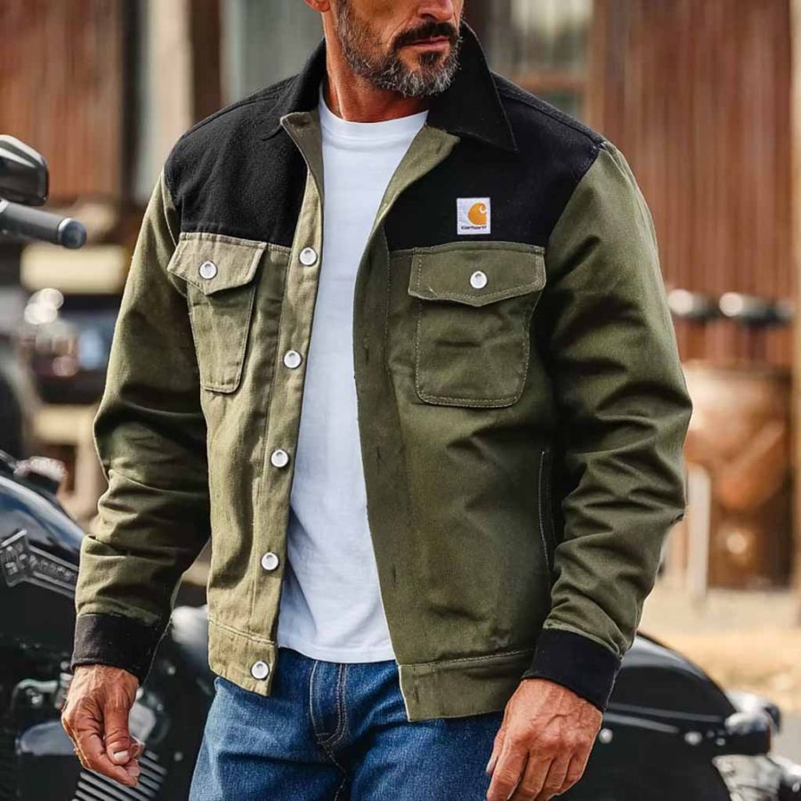 

Men's Vintage Western Cowboy Army Green Color Block Work Trucker Jacket