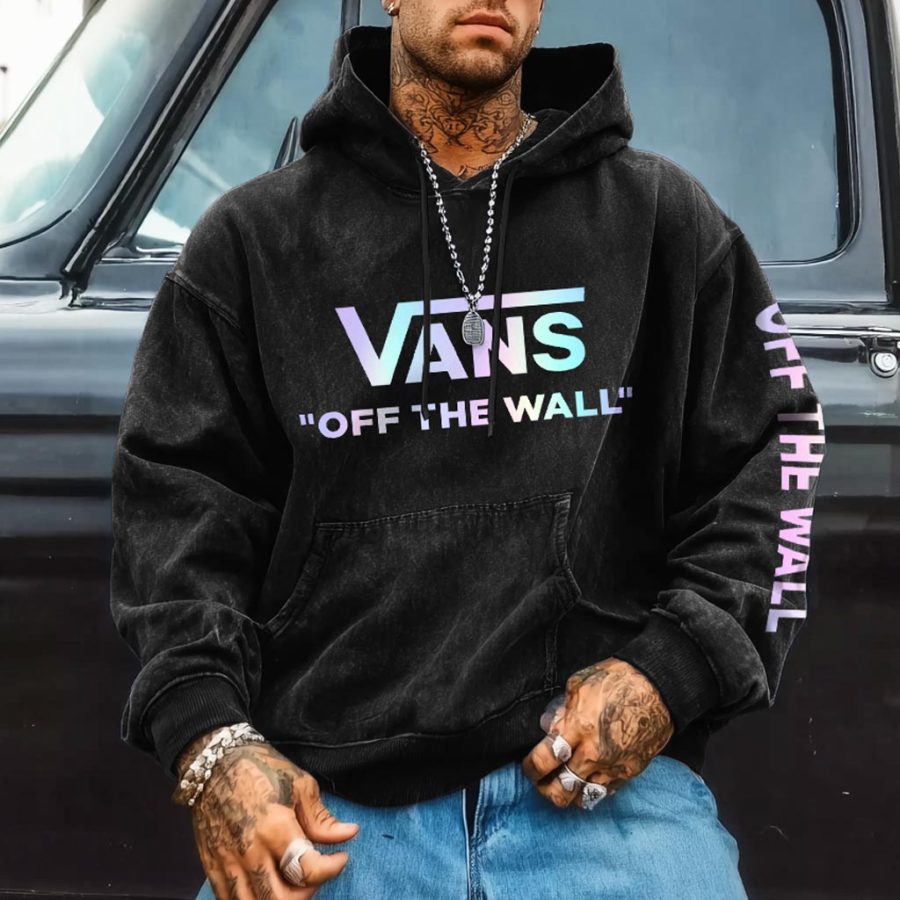 

Men's Vintage Reflective Laser Off The Wall Print Pocket Loose Black Long Sleeve Hoodie