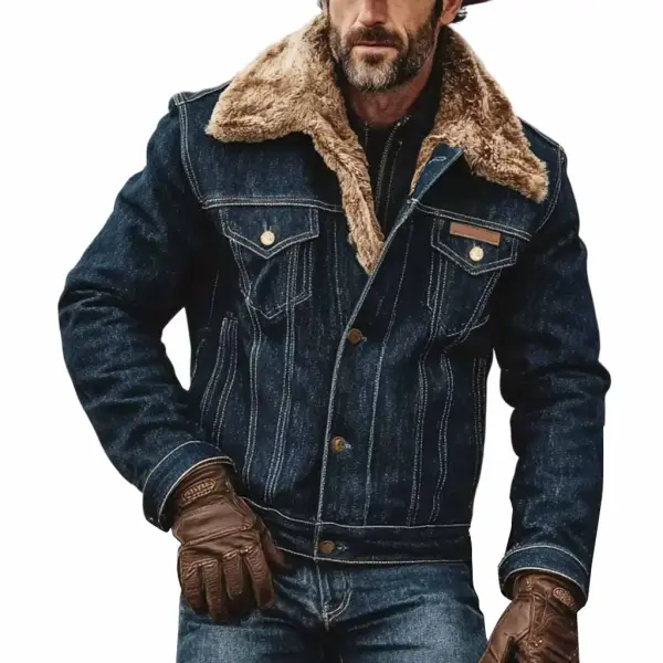 Men's Vintage Western Cowboy Denim Fleece Lapel Shearling Trucker Jacket - Wayrates.com 