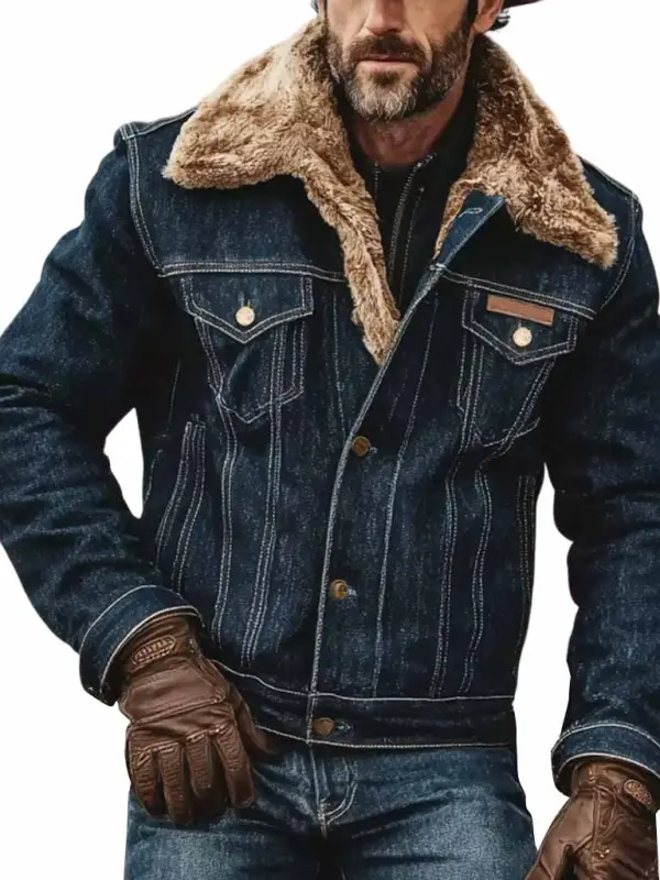 Men's Vintage Western Cowboy Denim Fleece Lapel Shearling Trucker Jacket - Menbarn.com 