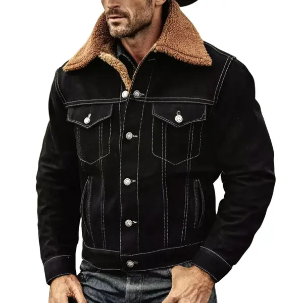 Men's Vintage Western Cowboy Black Denim Fleece Lapel Shearling Trucker Jacket - Wayrates.com 