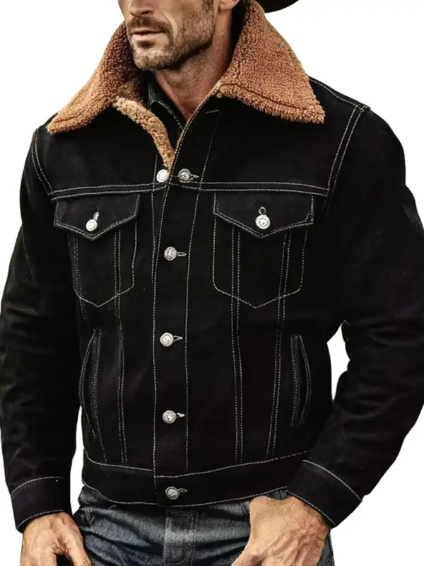 Men's Vintage Western Cowboy Black Denim Fleece Lapel Shearling Trucker Jacket - Menbarn.com 