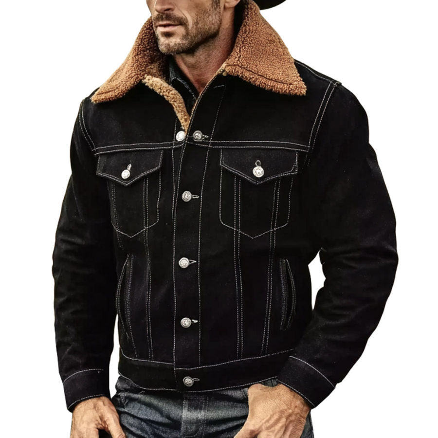 

Men's Vintage Western Cowboy Black Denim Fleece Lapel Shearling Trucker Jacket