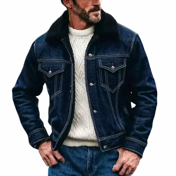 Men's Vintage Western Cowboy Denim Fleece Lapel Shearling Trucker Jacket - Wayrates.com 