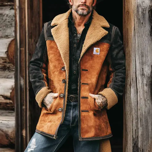 Men's Vintage Suede Brown Black Color Block Lapel Shearling Jacket Coat - Wayrates.chimpone.com 