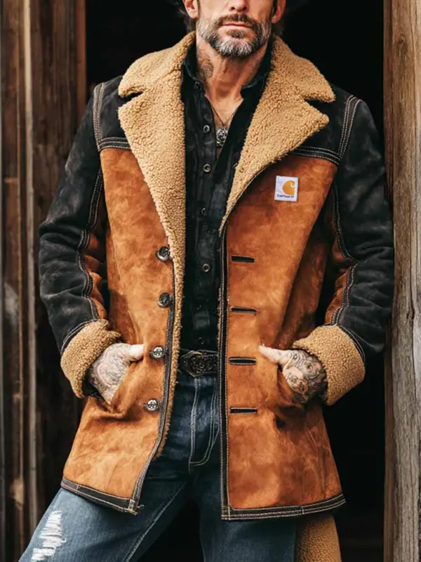 Carhartt Men's Vintage Suede Lapel Shearling Jacket Coat - Pragmaace.com 