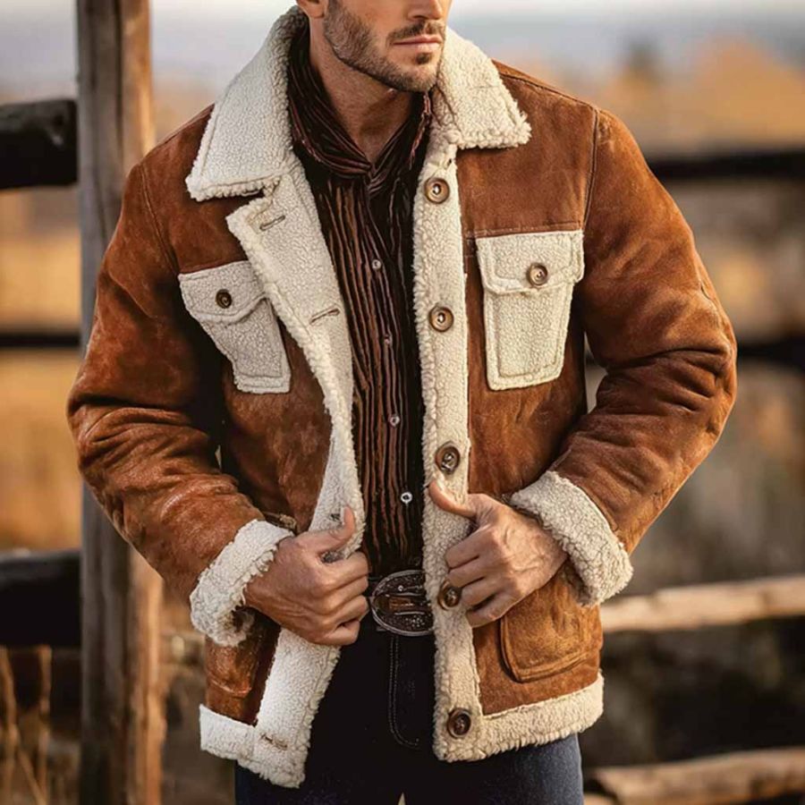Men's Vintage Western Cowboy Brown Multi-Pocket Lapel Shearling Jacket