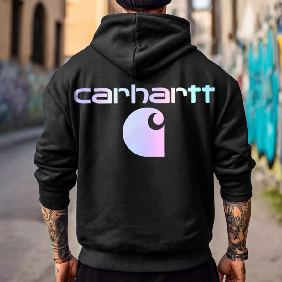 

Men's Vintage Reflective Laser Print Pocket Loose Black Long Sleeve Hoodie