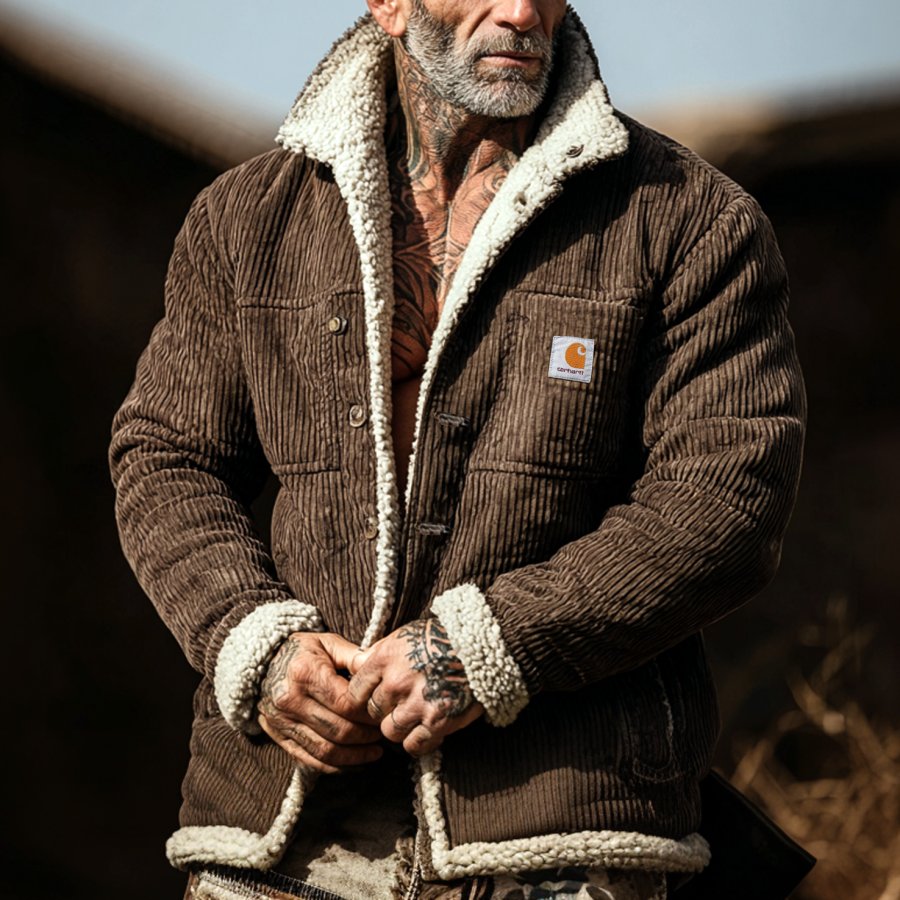 

Men's Vintage Rugged Brown Chenille Jacket With Faux Shearling Lining