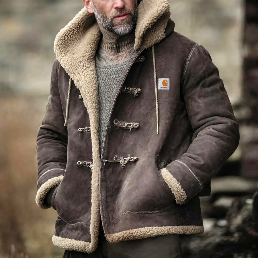 

Men's Vintage Warm Winter Suede Coat With Faux Shearling Lining
