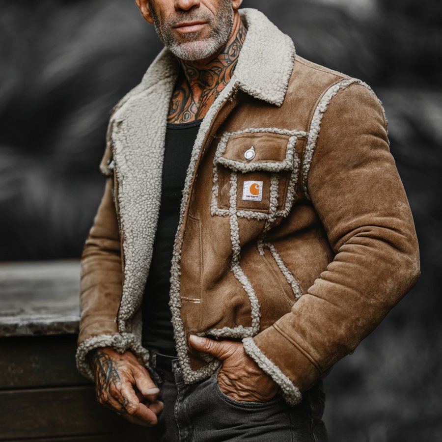 

Men's Vintage Rugged Style: Brown Shearling Suede Jacket With Tattooed Charm