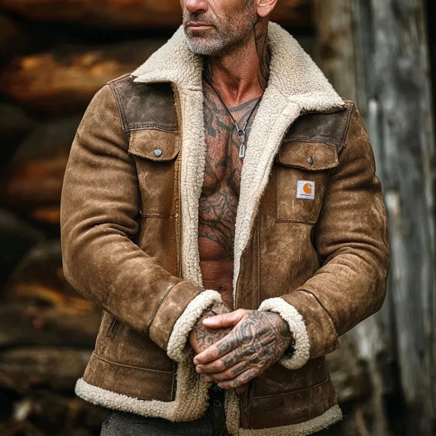 

Men's Vintage Rugged Brown Shearling Suede Jacket With Tattooed Style
