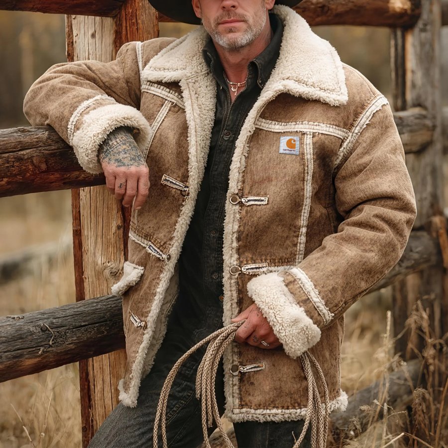 

Men's Vintage Rustic Cowboy Style: Brown Sherpa Suede Jacket With Western Charm