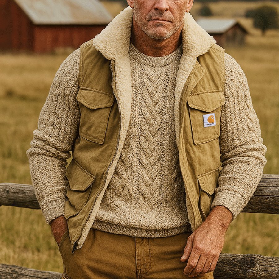 

Men's Outdoor Retro Lamb Fleece Pocket With Thick Fleece Vest Jacket