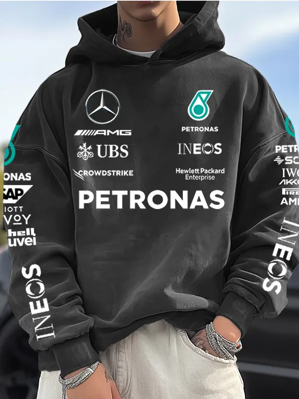 Men's Loose Casual Washed Distressed Retro Racing Print Hooded Sweatshirt - Pragmaace.com 