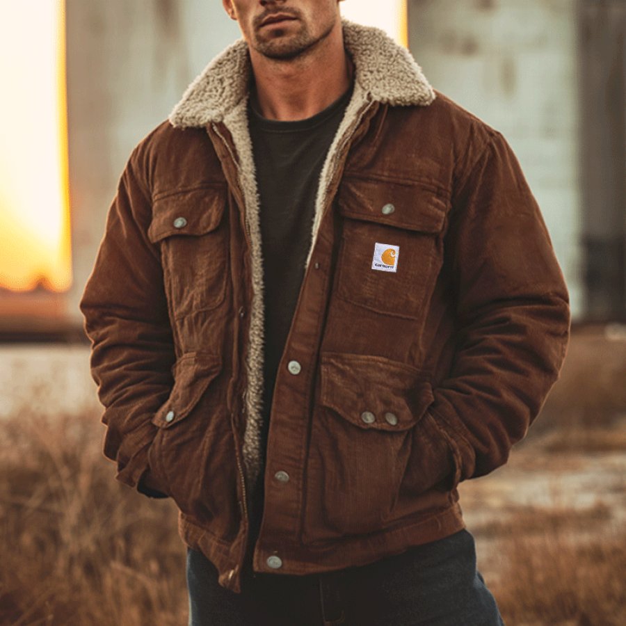 

Corduroy Thickened Suede With Added Velvet Winter-Ready Sherpa-Lined Jacket For Men - Perfect For Outdoor Adventures