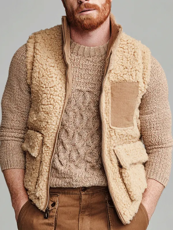 Cozy Cable Knit Sweater With Sherpa Vest For Men - Perfect For Casual And Outdoor Wear - Wantbright.com 