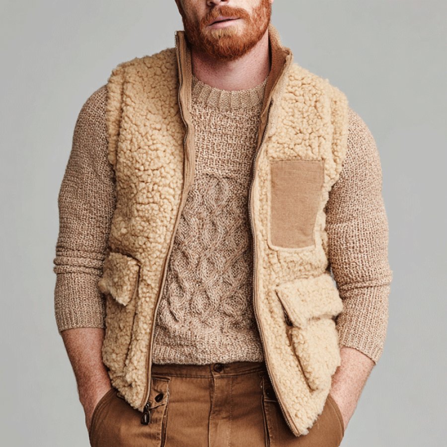 Cozy Cable Knit Sweater With Sherpa Vest For Men - Perfect For Casual And Outdoor Wear