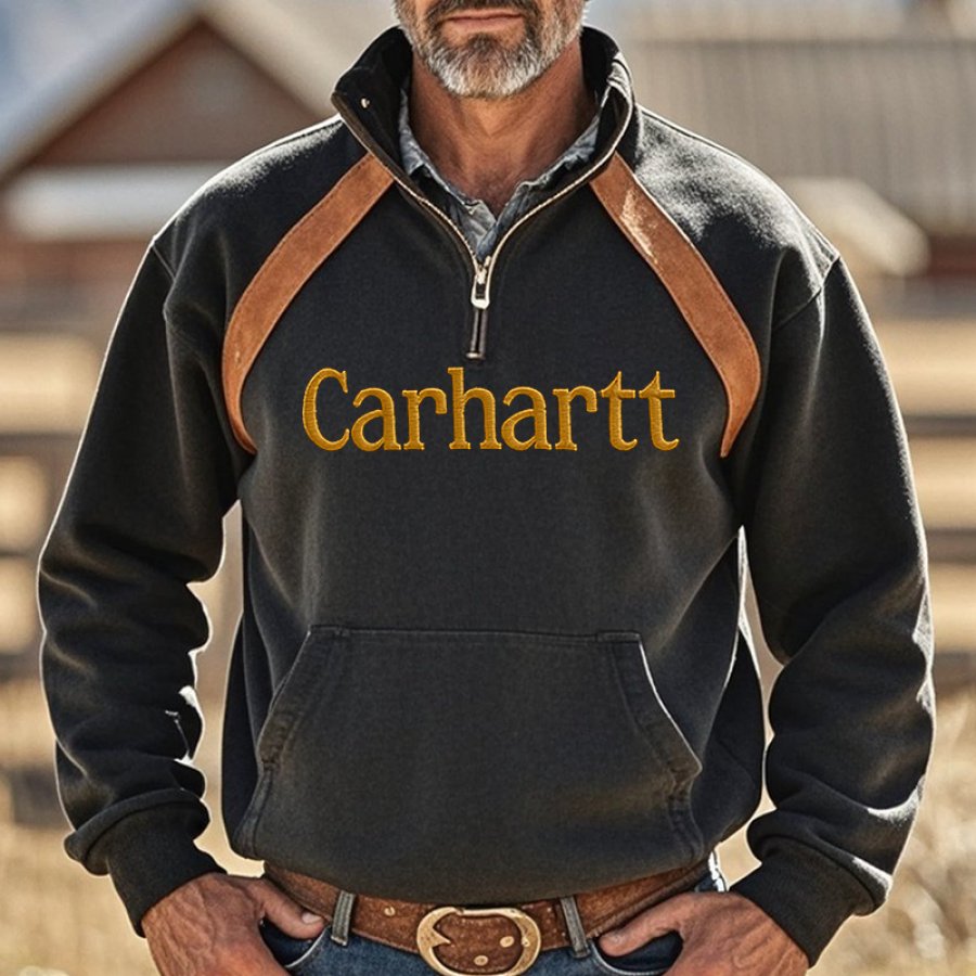 

Men's Vintage Western Embroidered Logo Quarter-Zip Sweatshirt With Contrast Shoulder Stripes