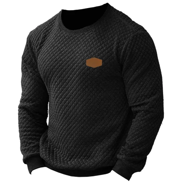 Men's Western Country Quilted Crew Neck Sweatshirt With Leather Patch Detail Black - Rabclub.com 