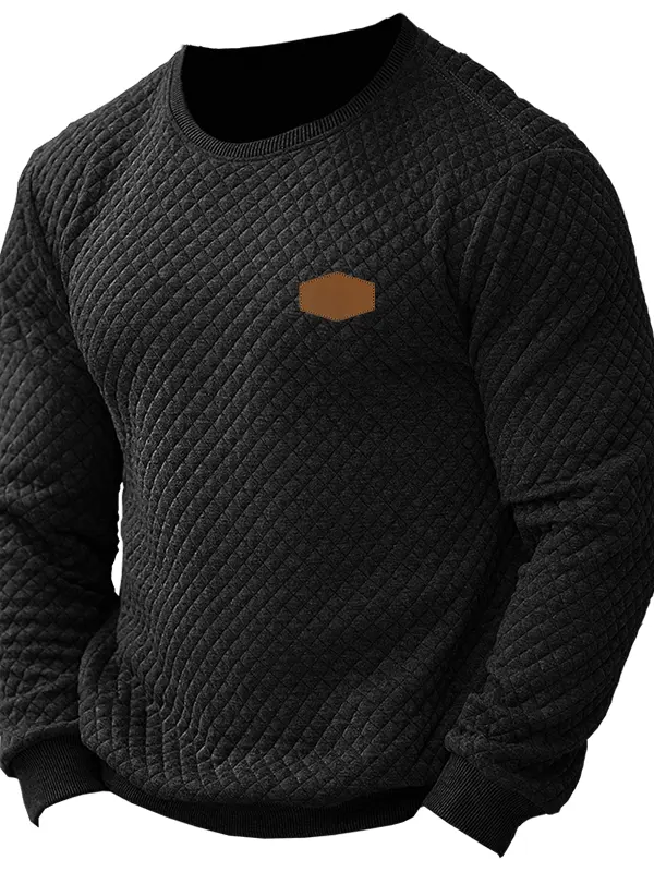 Men's Western Country Quilted Crew Neck Sweatshirt With Leather Patch Detail Black - Menbarn.com 