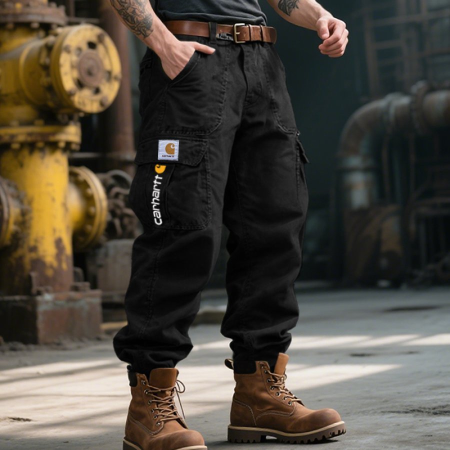 

Men's Vintage Graphic Print Multiple Pockets Cargo Work Pants Black
