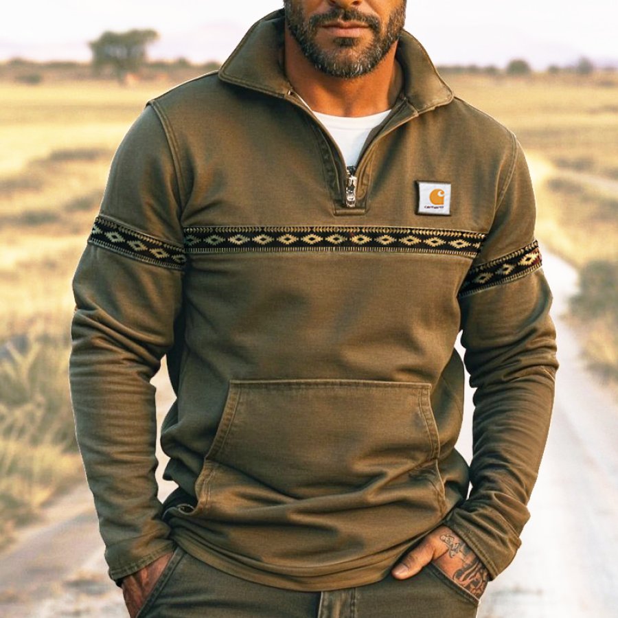 

Men's Western Ciuntry Quarter-Zip Sweatshirt With Tribal Pattern Print Olive Green