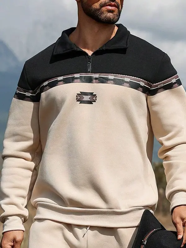 Men's Casual Beige And Black Polo Neck Sweatshirt - Pragmaace.com 