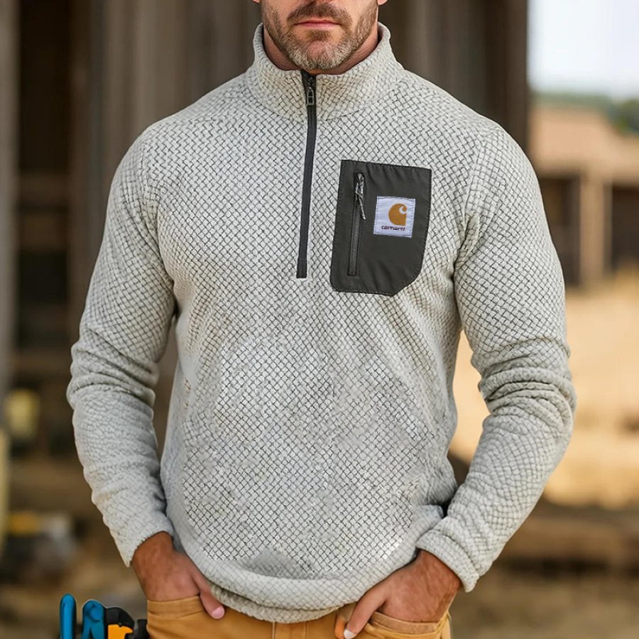 

Men's Vintage Western Quilted Quarter-Zip Pullover Light Gray