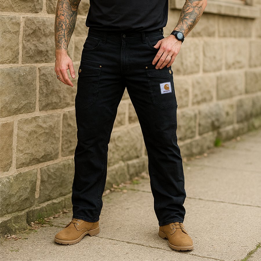

Men's Vintage Denim Cargo Pants With Utility Pockets Black