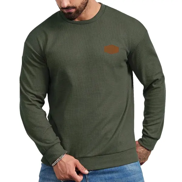 Men's Waffle Knit Sweatshirt With Chest Patch Military Green - Rabclub.com 