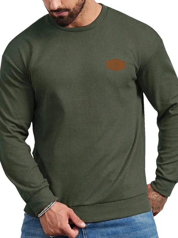 Men's Waffle Knit Sweatshirt With Chest Patch Military Green - Menbarn.com 