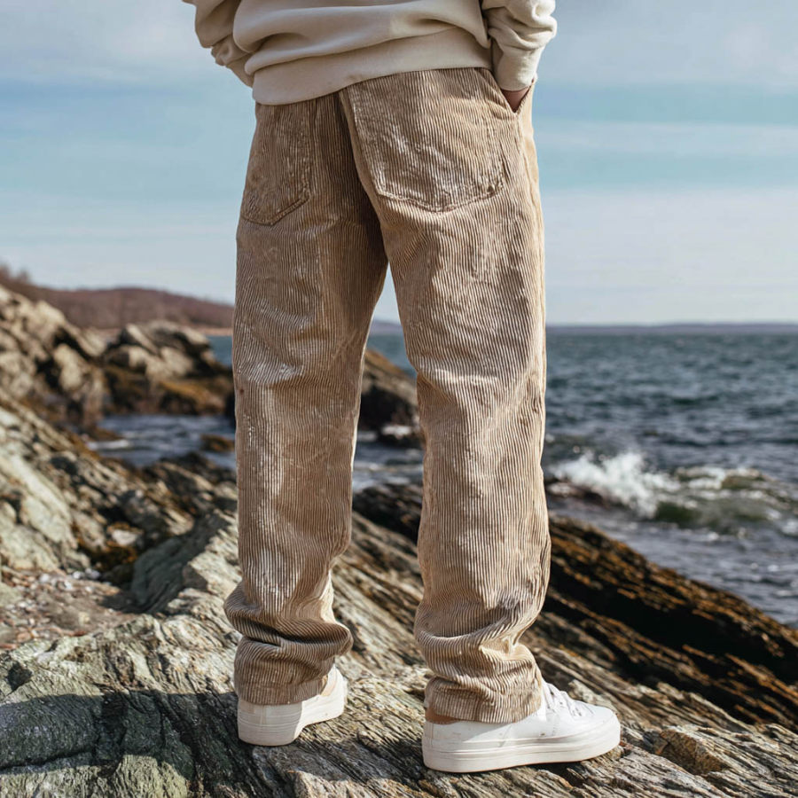 Men's Vintage Surf Light Khaki Corduroy Multi-Pocket Elastic Drawstring Pants Trousers