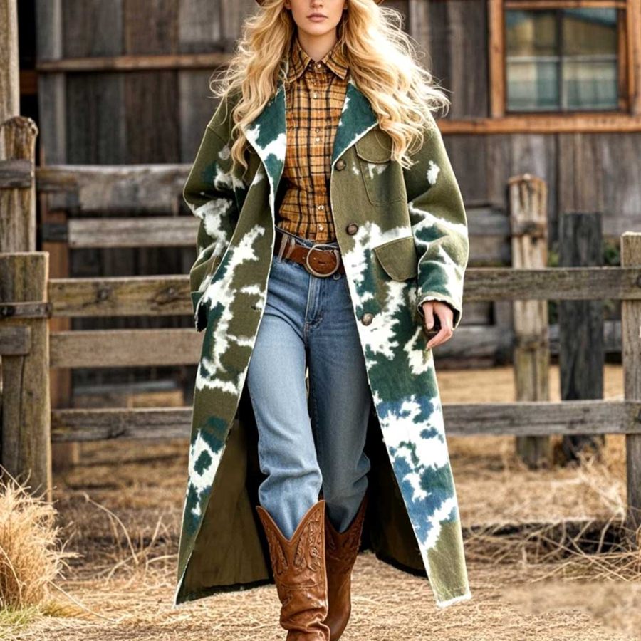 

Women's Vintage Western Cowgirl Cyanotype Tie-Dye Print Mid-Length Lapel Army Green Coat Jacket