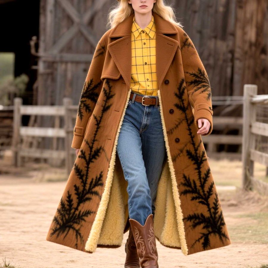 Women's Vintage Western Cowgirl Cyanotype Botanical Tie-Dye Print Mid-Length Fleece Lapel Brown Coat Jacket