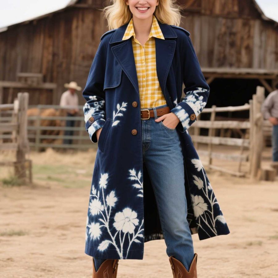 Women's Vintage Western Cowgirl Cyanotype Floral Tie-Dye Print Mid-Length Lapel Blue Coat Jacket